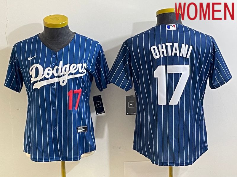 Women Los Angeles Dodgers 17 Ohtani Blue stripe Nike Game MLB Jersey style 3